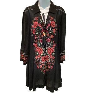 V CHRISTINA BOHO VIBE BLACK RAYON LONG SLEEVE FLORAL PRINT COVERUP/TUNIC  XL